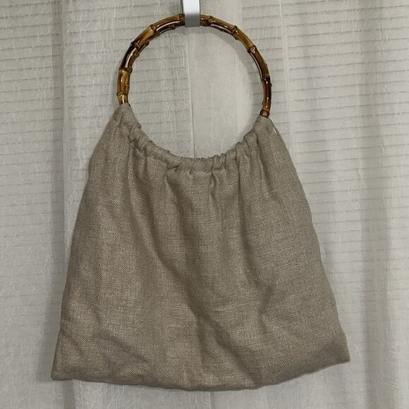 Maya Bags Linen Ivory Brown Hand Embroidered Round Bamboo Handle Bag - Picture 2 of 7